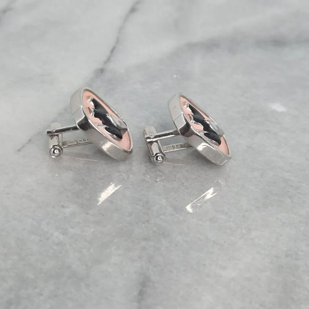 Pink Enamel Black Elephant Cufflinks Mens Silver Tone Bullet Back Dress Set